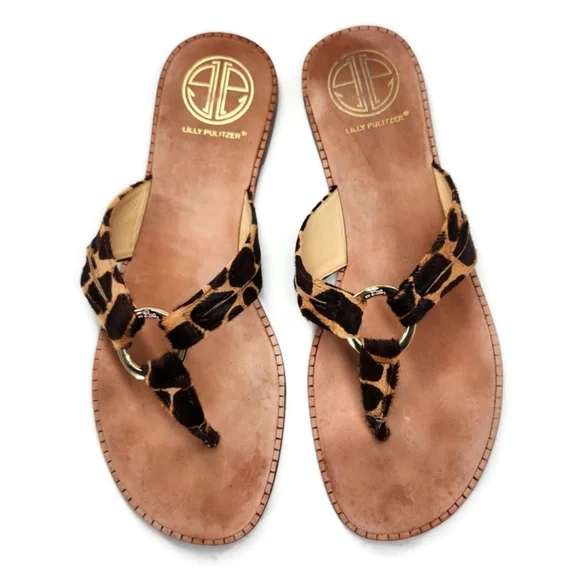 Lilly Pulitzer McKim Leopard Print Calf-Hair Leather Gold Ring Thong Sandals - Picture 7 of 12